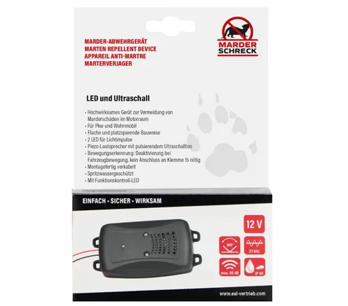 Marderschreck Ultraschall 12V mit Blitz-LEDs - Effektives Marderabwehrgerät mit Ultraschall-Technologie und zusätzlichen Blitz-LEDs zur Abschreckung, ideal für Autos und Garagen.