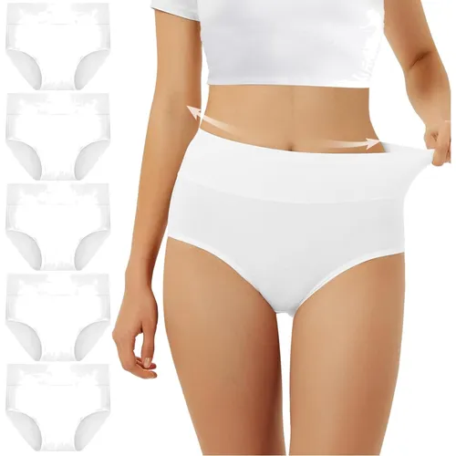 FALARY Damen Unterhosen Baumwolle Hohe Taille 5er Pack – Komfortable Panties XL Weiß - HOHER TRAGEKOMFORT: Die doppellagige Taille sorgt für sicheren Halt ohne Einrollen. Die High-Waist-Slips bieten volle Abdeckung und betonen Ihre Silhouette. Aus atmungsaktiver Baumwolle für ein angenehmes Tragegefühl – ideal für den Alltag.