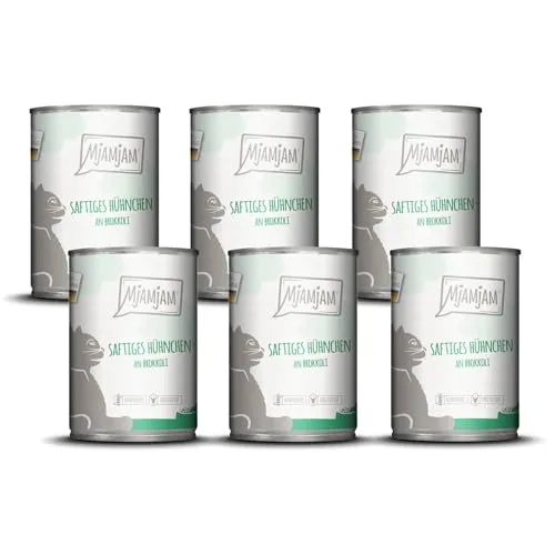 MjAMjAM - Premium Nassfutter für Katzen - saftiges Hühnchen an Brokkoli, 6er Pack (6 x 400 g), getreidefrei mit extra viel Fleisch