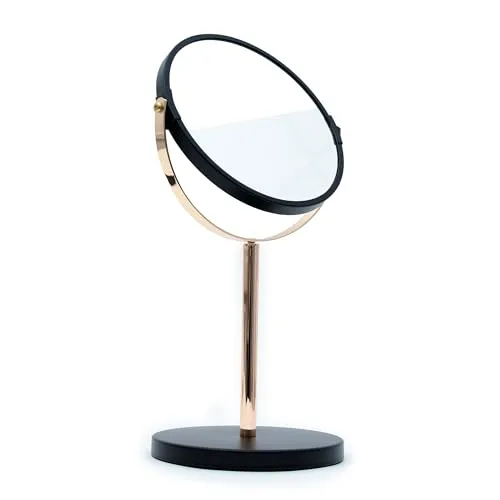 INTIRILIFE Schminkspiegel Tischspiegel Schwarz - 16,9 cm Durchmesser, Doppelseitig mit 1x und 5x Vergrößerung - Doppelseitiger Kosmetikspiegel mit 360° Drehfunktion für präzise Anwendungen. Elegantes Design in Schwarz und Gold, ideal für jeden Schminktisch. Stabile Basis mit Anti-Rutsch-Beschichtung für sicheren Halt.