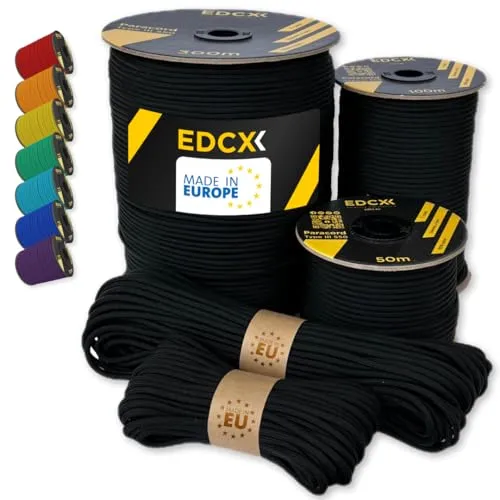 EdcX Paracord 550 Typ III 4 mm – 7 Kern-Strängen, 100% Nylon, reißfest bis 250 kg – 35+ Farben (10/15/30/50/100/300 m) – Survival-Seil, Fallschirmschnur, Armband | Made in EU (Black, 300 m)