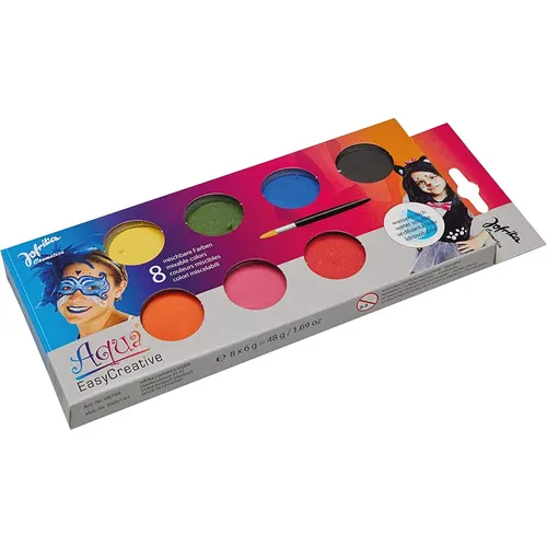 Jofrika Aqua Easy Creativ Set 8er - Hautfreundliche Schminkfarben - Hautfreundliches Kostüm-Set mit 8 hochpigmentierten Farben auf Wasserbasis. Wischfest und nicht fettend, ideal für kreative Looks. Farben sind untereinander mischbar für individuelle Gestaltung.