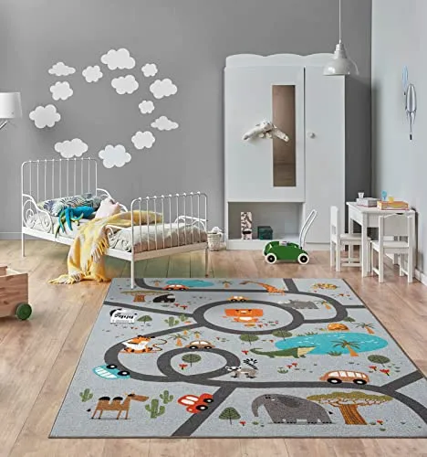 Happy Life Kinderzimmer Teppich - Spielteppich mit Safari-Motiv - Teppich für Kinderzimmer in verschiedenen Größen, rutschfest und mit buntem Dschungel-Motiv für sicheres Spielen und Spaß.