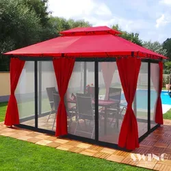Swing&Harmonie Pavillon LED 3x4m - Solar Pavillon mit Moskitonetz - Stylischer Gartenzelt mit rotem Dach und integrierter LED-Beleuchtung, ideal für entspannte Sommerabende im Garten.