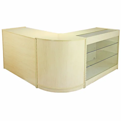 Saturn Ladentheke Verkaufstheke Ahorn - Büroschränke mit 3 robusten Einheiten, ideal für die Präsentation von Produkten. Die Kombination aus Holz und Glas bietet eine elegante Lösung für Verkaufsräume.