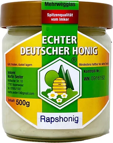 Echter Deutscher Rapshonig 500g - Wanderimkerei Martin Sester - Naturbelassener Rapshonig aus der Wanderimkerei Martin Sester. Mild im Geschmack, cremig und ideal für den täglichen Genuss – perfekt für Brot, Tee oder kreative Küche.