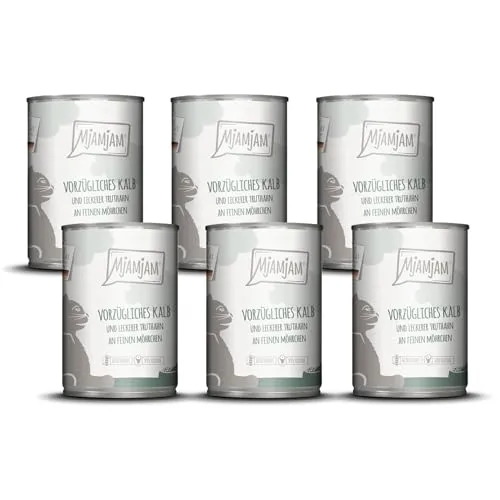 MjAMjAM - Premium Nassfutter für Katzen - vorzügliches Kalb & Truthahn an feinen Möhrchen, 6er Pack (6 x 400 g), getreidefrei mit extra viel Fleisch