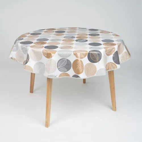 laro 140cm runde Wachstuch Tischdecke abwaschbar Wachstuchtischdecke mit Saum-Eingefasst-Paspelband, Muster:Blattkreismagie Beige, Größe: Rund 140cm