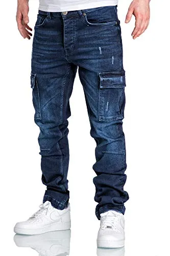 Amaci&Sons Herren Cargo Jeans Regular Slim Dunkelblau W29/L30 - Stylische Herren Cargo Jeans im Regular Slim Fit, ideal für den lässigen Look. Robustes Denim-Material mit modischen Destroyed-Elementen für einen trendigen Style.