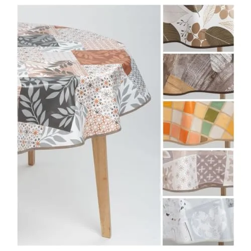 laro 140cm runde Wachstuch Tischdecke abwaschbar Wachstuchtischdecke mit Saum-Eingefasst-Paspelband, Muster:Blätter Herbst Braun Weiß, Größe: Rund 140cm