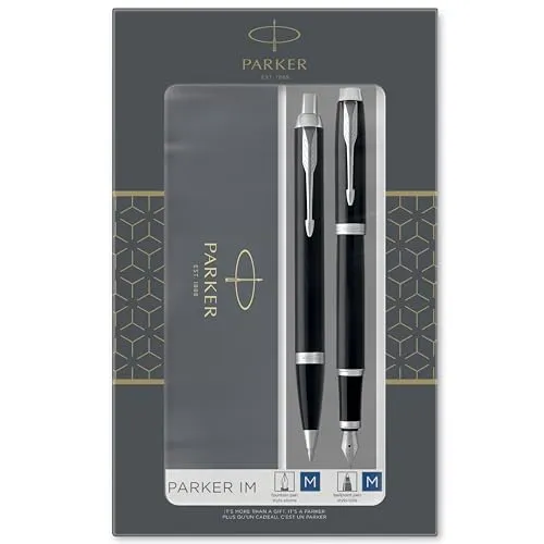 Parker IM Duo-Geschenkset mit Kugelschreiber und Füller | Hochglänzend Schwarz mit Chromzierteilen | Nachfüllmine und -patrone mit blauer Tinte | Geschenkbox