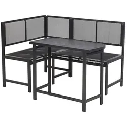 Merxx Gartenmöbel Eckbank Set Elos – 1 Eckbank & 1 Klappentisch 90 x 50 cm - Das Elos Gartenmöbel Set vereint modernes Design mit Funktionalität. Ideal für Balkon oder Garten, bietet es eine flexible Eckbank und einen platzsparenden Klapptisch aus leichtem Aluminium. Genießen Sie stilvolle Stunden im Freien!