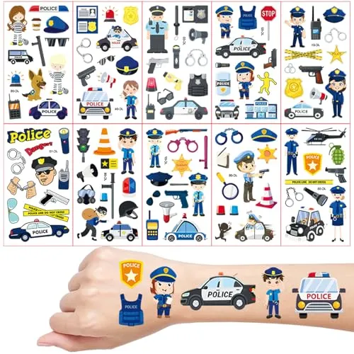 Polizei Tattoos für Kinder, 10 Blätter Polizeiauto Temporäre Tattoos, Kinder Tattoo Hautfreundlich, Schultüte Füllung, Mitgebsel Kindergeburtstag