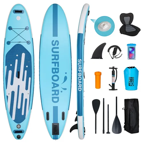 Aufblasbares Stand Up Paddle Board SUP Komplettset mit Sitz - Surfbrett in Blau, ideal für entspannte Ausflüge auf dem Wasser und mit zusätzlichem Sitz für mehr Komfort.