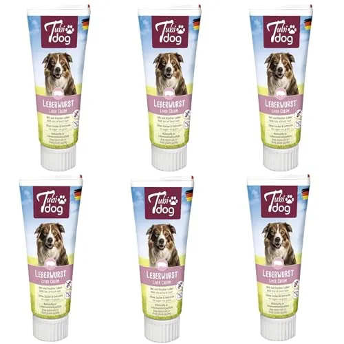 Tubi Dog Delikatess Leberwurst | 6er Pack | 6 x 75 g | Leckerli für Hunde | Ohne Geschmacksverstärker, Konservierungs- oder Farbstoffe | In der praktischen Soft-Touch-Tube