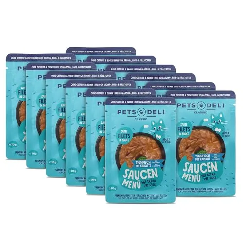 Pets Deli Saucen Menü Katzen Nassfutter Thunfisch & Karotte - Hochwertiges Nassfutter für wählerische Katzen mit delikatem Thunfisch und ballaststoffreicher Karotte. Ideal für zusätzliche Flüssigkeitszufuhr und ohne Zucker, glutenfrei. Premium Qualität für anspruchsvolle Stubentiger.