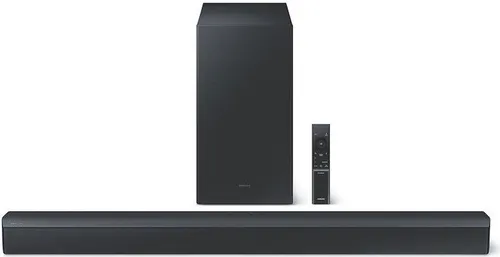 Samsung HW-B460 Soundbar mit Subwoofer (2022) - Schwarz - Surround-System mit 300 W Leistung und kabellosem Subwoofer für kraftvollen Bass. Adaptive Sound Lite passt den Klang automatisch an, ideal für Filme, Musik und Gaming.