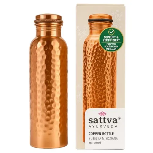 Sattva Ayurveda Kupfer Wasserflasche 950ml – Reines Kupfer – Ayurvedische Detox Trinkflasche – Premium Hammered Design – Handgefertigt, Auslaufsicher & Plastikfrei (Hammered, 950, Milliliter)