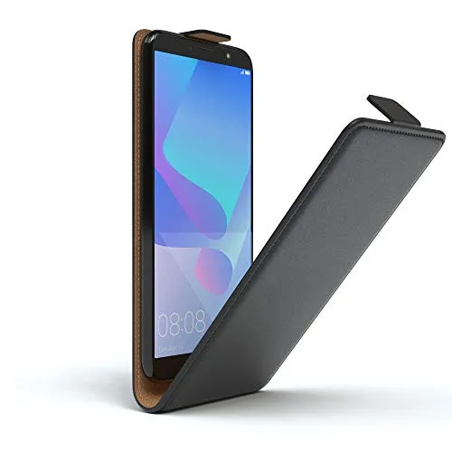 EAZY CASE Hülle kompatibel mit Huawei Y6 (2018) Flip Cover zum Aufklappen, Handyhülle aufklappbar, Schutzhülle, Flipcover, Flipcase, Flipstyle Case vertikal klappbar, aus Kunstleder, Schwarz