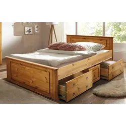 Home affaire Massivholzbett Hugo, hohe Belastbarkeit & FSC® zertifiziertes Holz - Betten im Landhausstil aus massivem Kiefernholz, belastbar bis 200 kg, ideal für gemütliche Schlafzimmer mit zusätzlichem Stauraum.