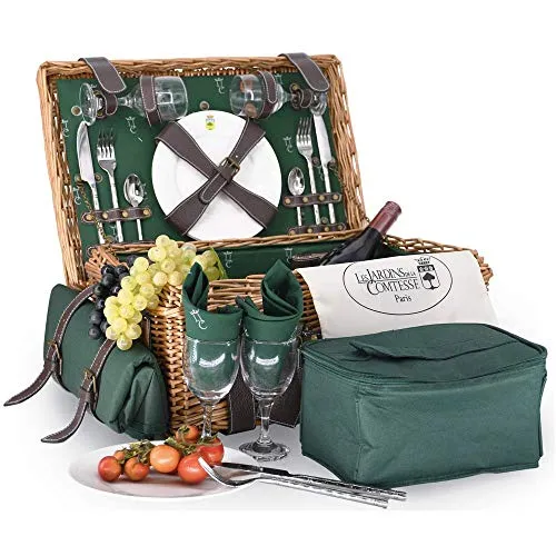 Les Jardins de la Comtesse - Picknickkorb Champs-Elysées aus Weidengeflecht und echtem Leder - Dunkelgrün - Für 2 Personen - Komplett Ausgestattet - Keramikteller und Weingläsern - 48 x 33 x 21 cm