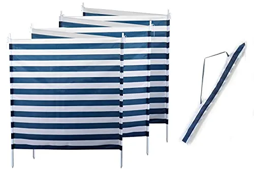 ELLUG Windschutz - Blau-Weiße Streifen für Strand, Camping & Garten - Wind- & Sichtschutz mit 6m Länge, 1,2m Höhe und 7 beweglichen Stahlstangen für stabilen Halt. Ideal für Ausflüge, bietet Schutz vor Wind und Sonne sowie Privatsphäre.