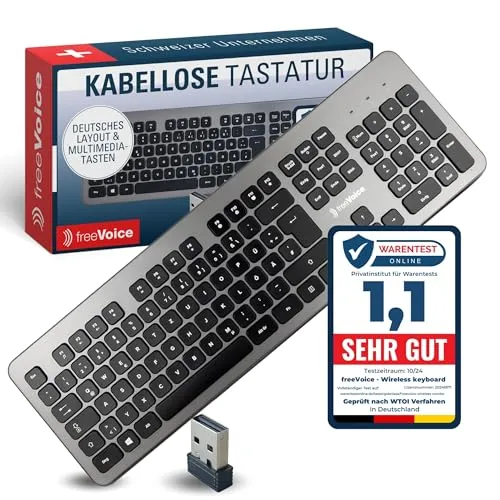 FreeVoice PC Tastatur Ohne Kabel - Kabellos Mit 10 m Reichweite, Leise für Laptop & Computer, Rutschfest & Flach - Keyboard für Büro, Home-Office & Zuhause