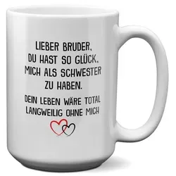 22Feels Tasse Bruder Geschenk von Schwester Geburtstag XMAS Bruderherz Jungs Männer, Keramik, XL, Made In Germany, Spülmaschinenfest weiß