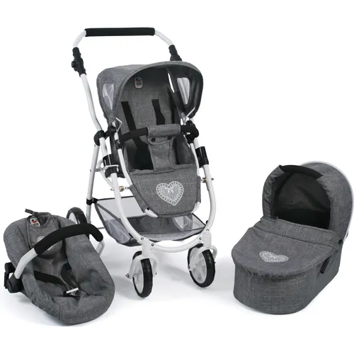 Bayer Chic 2000 637-76 Kombi-Puppenwagen Emotion 3-in-1 - Jeans Grau, vielseitig mit Babywanne, Sportwagenaufsatz und Autositz für Puppen bis 52 cm