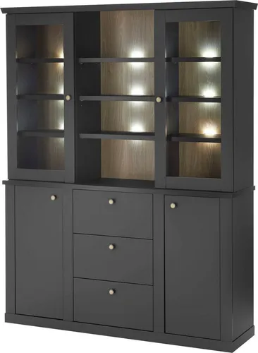 Buffet HOME AFFAIRE "Lincoln" Hochschrank im Landhausstil, schwarz matt - Eleganter Hochschrank im Landhausstil mit 4 Fächern, 2 Glastüren und 3 Schubladen. Ideal für stilvolle Aufbewahrung und mit geprüfter Qualität aus FSC-zertifiziertem Holzwerkstoff.