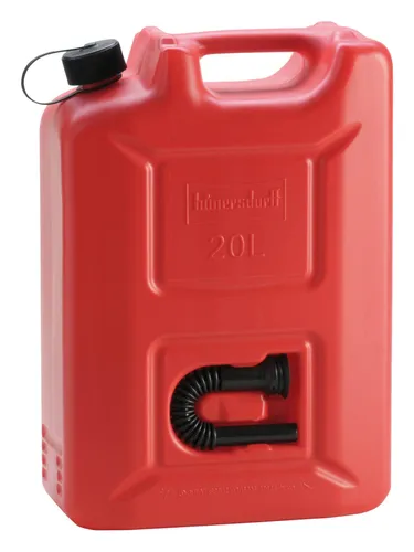 Hünersdorff Benzinkanister Profi 802060, 20 Liter, rot - Robuster 20-Liter-Kraftstoffkanister aus bruchsicherem Kunststoff. Ideal für den sicheren Transport von Benzin und Diesel. Mit integriertem Auslaufrohr und kindersicherem Verschluss, platzsparend stapelbar.