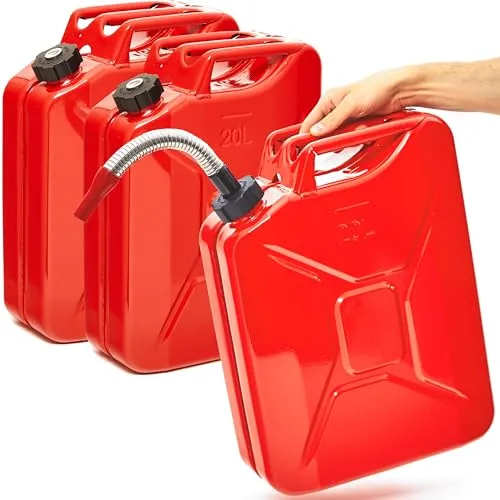 BW® Metall Benzinkanister 3x 20 Liter mit Ausgießer - Rot - Robuster 20l Kraftstoffkanister aus pulverbeschichtetem Stahl, TÜV-zertifiziert. Mit breitem Entlüftungskanal für schnelles und sicheres Betanken, ideal für Benzin, Diesel und 2-Takt-Gemische.