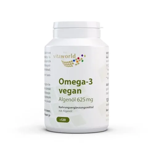 vitaworld Omega-3 vegan Algenöl 625 mg, Gewonnen aus der Mikroalge Schizochytrium sp., 625 mg Algenöl pro Kapsel, 250 mg DHA pro Kapsel, 120 Kapseln