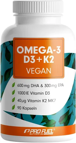 Omega-3 vegan + D3 & K2 (90x), 1100mg Algenöl mit 600mg DHA & 300mg EPA + 1000 IE Vitamin D3 + 40 µg Vitamin K2 - O3 D3 K2 vegan Essentials - Omega-3 Kapseln hochdosiert, bioverfügbar & laborgeprüft