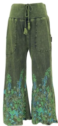 GURU SHOP Palazzohose - Boho Baumwollhose für Damen - Bequeme Schlaghose mit Flower Power Blümchen-Druck, elastischem Bund und praktischen Hosentaschen. Ideale Wahl für einen lässigen Boho-Look.
