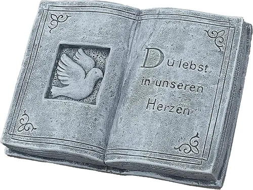 Stone and Style Engelfigur - Frostfester Grabschmuck mit Buch "Du lebst in unserem Herzen" - Wunderschöner Grabschmuck aus Stein, frostfest und langlebig. Mit einer Breite von 17 cm und einer Höhe von 3 cm ist diese Engelfigur eine liebevolle Erinnerung.
