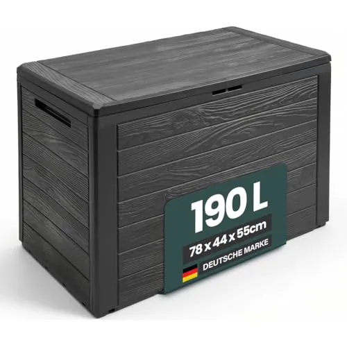 Kreher Kissenbox Anthrazit 190L - Robuste Aufbewahrungslösung - Auflagenbox in moderner Holz-Optik mit 190 Liter Volumen. Frost- und UV-beständig, ideal für Garten und Balkon. Werkzeugfreier Aufbau und abschließbar für sichere Lagerung.