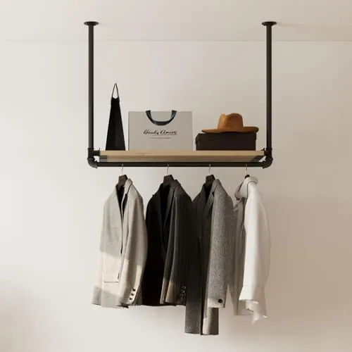 RSR Hangers Kleiderstange MIK II – Deckengarderobe im Industrie Design - Vielseitige Garderobe im Industrial Design: Kleiderstange mit variabler Kiefernholzablage für stilvolle Aufbewahrung in Flur oder Schlafzimmer. Einfache Montage inklusive Zubehör.
