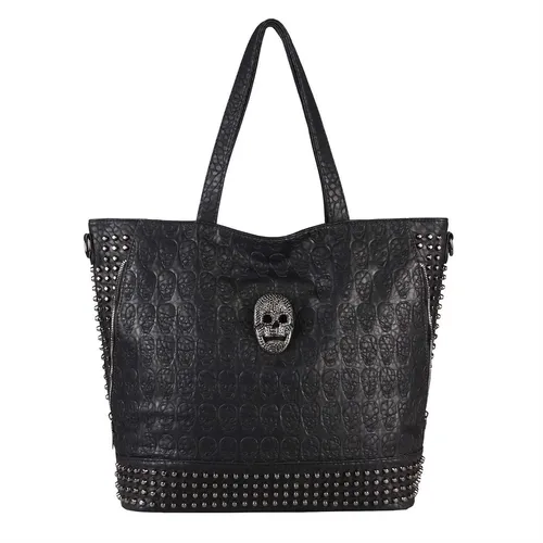 Damen Totenkopf Tasche - Gothic Shopper Schultertasche in Schwarz - Stylische Schultertasche für Damen aus wasserabweisendem Kunstleder, ideal für Freizeit und Reisen. Mit abnehmbaren Trägern und praktischen Innenfächern. Perfekt für den modernen Gothic-Look!