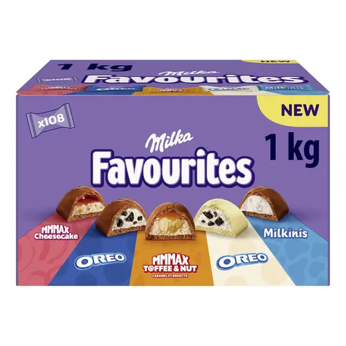 Milka Favourites Officebox 1 x 1 kg - Schokolade: Großpackung mit 1 kg Milka Pralinenmix, einzeln verpackt in 5 köstlichen Sorten, perfekt als Geschenk oder für das Büro.