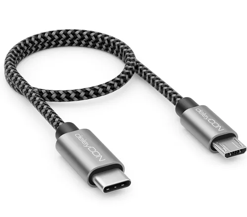 deleyCON 0,30m USB C auf Micro USB Kabel Adapter 30cm Kurz - Ladekabel & Datenkabel in Beide Richtungen - Kompatibel mit Handy Smartphone Tablet Ladegerät Notebook usw. - Schwarz