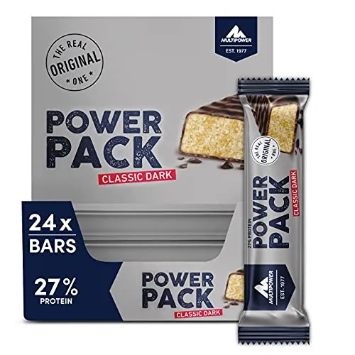 Multipower Power Pack Classic Dark Protein Riegel - 27% Protein - Proteinriegel mit 27% hochwertigem Eiweiß, ideal als gesunder Snack für Sportler, mit leckerem Banane-Vanille-Geschmack und dunkler Schokolade.