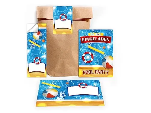 Limonia 12 Einladungskarten zum Kindergeburtstag Pool-Party Einladung Karten zum Geburtstag Bad Mädchen Jungen Schwimmbad Holz Ball incl. 12 Umschläge, 12 Tüten, 12 Aufkleber