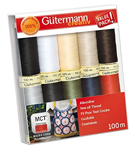 Gütermann creativ Nähfaden-Set - 10 Spulen Allesnäher 100 m in Basisfarben, ideal für alle Stoffe und Nähte mit Micro Core Technology für starke, flusenfreie Nähte