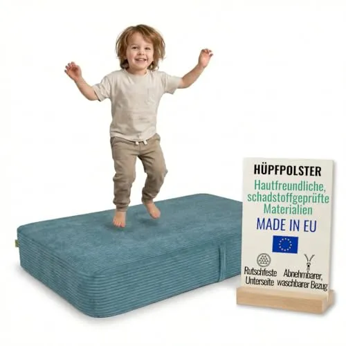 Pillows24 Hüpfpolster für Kinder – 70x110x17 cm – Türkis - Ideales Hüpfpolster für drinnen – Fördert Bewegung und Spielvergnügen ohne Metallrahmen. Die Kombination aus Federn und Schaumstoff sorgt für hohen Komfort und Sicherheit beim Springen und Toben.