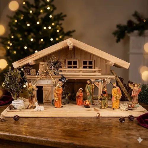 Traditionelle Weihnachtskrippe Roth inkl. 12-tlg. Figurensatz K 650-9 - Krippe für Erwachsene, handgefertigt aus Holz, mit 12 Figuren wie Maria und den Heiligen Drei Königen – ideal für ein festliches Weihnachtsambiente.
