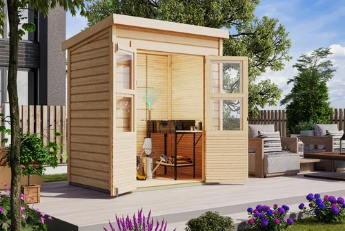 KONIFERA Gartenhaus Akamaru 2, 182x126 cm – Praktisches Gerätehaus - Das Gartenhaus aus 14 mm starkem nordischer Fichte bietet einfachen Aufbau und optimale Raumnutzung. Mit vormontierter Tür und lichtdurchlässigen Fenstern ist es ideal für Ihre Gartengeräte.