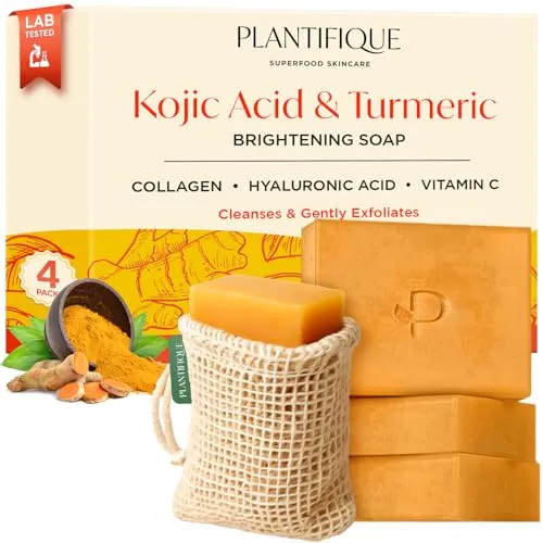 PLANTIFIQUE Turmeric and Kojic Acid Soap - 4 Kurkuma Seifen für Gesicht, Hyperpigmentierung & Dunkle Flecken Seife - Gesichtsseife Mit Kojisäure, Kollagen, Vitamin C - inklusive Netzbeutel, 320 g