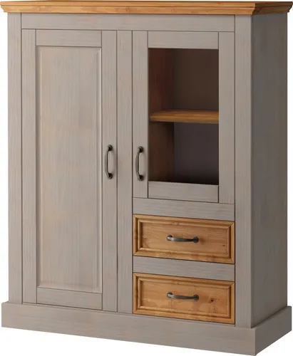 Home affaire Highboard Selma - Vitrine, 100 cm breit in Grau - Kommode im Landhaus-Stil aus FSC®-zertifiziertem Massivholz, ideal für kleine Räume mit pflegeleichten Oberflächen und viel Stauraum.