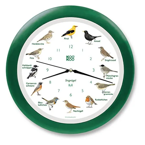 KOOKOO Singvögel Grün - Die Singende Vogeluhr - Wanduhren mit 12 heimischen Singvögeln und echten Vogelstimmen, perfekt für Naturfreunde. Mit RC Funkquarzwerk für präzise Zeit und nachts schlafenden Vögeln.